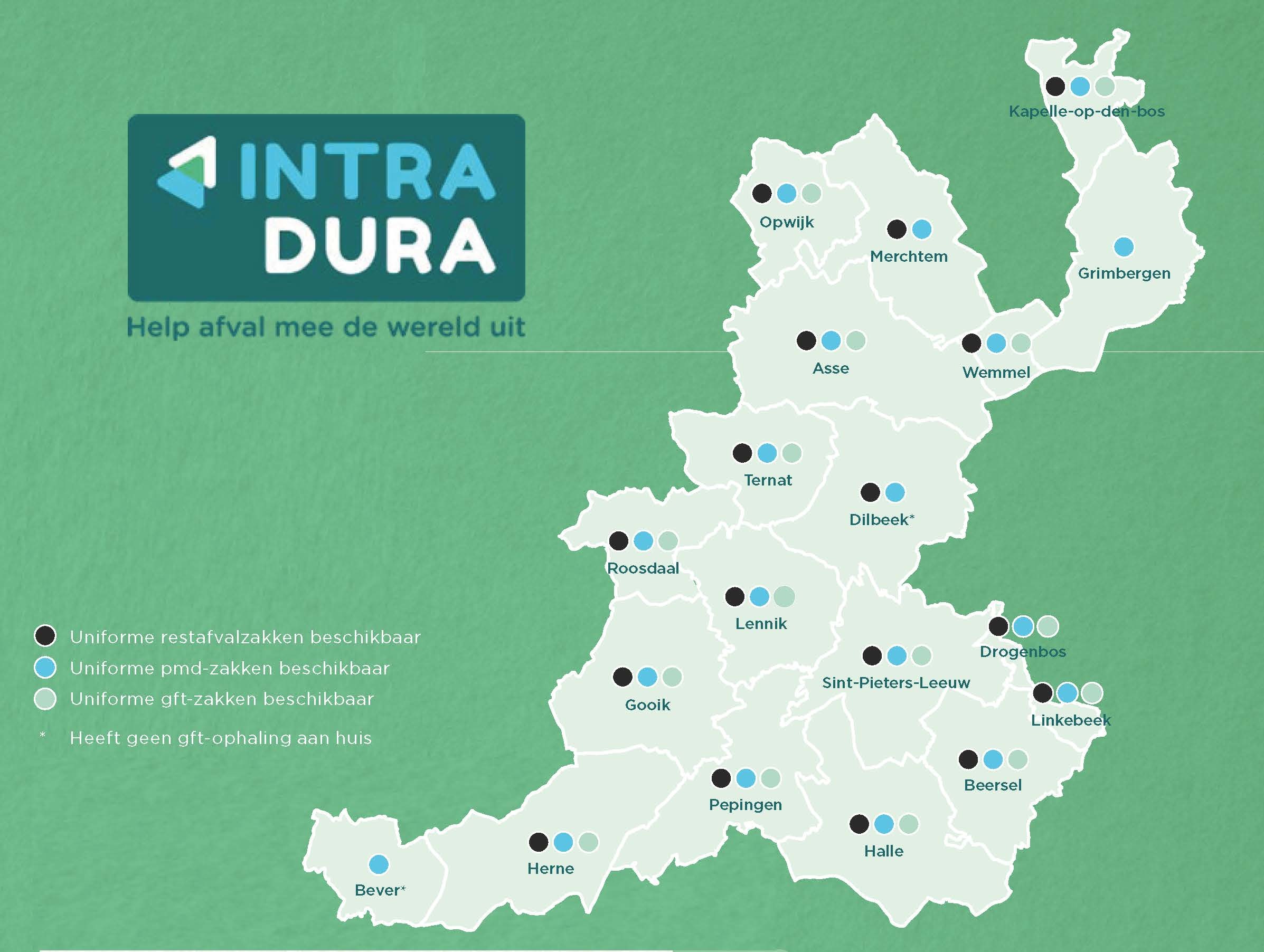 Kaart deelnemende gemeenten uniforme afvalzakken Intradura